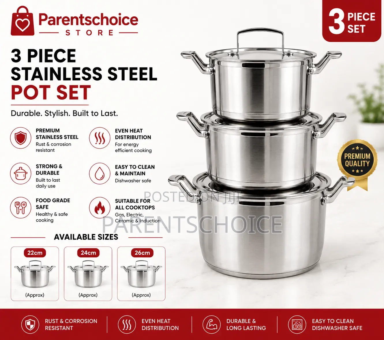 3-Piece Stainless Steel Pot Set
