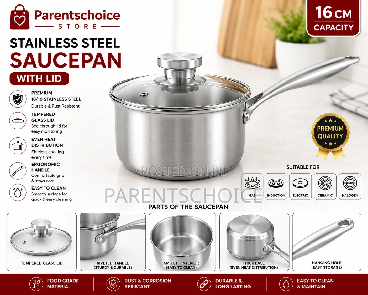 Stainless Steel Saucepan With Glass Lid – 16cm