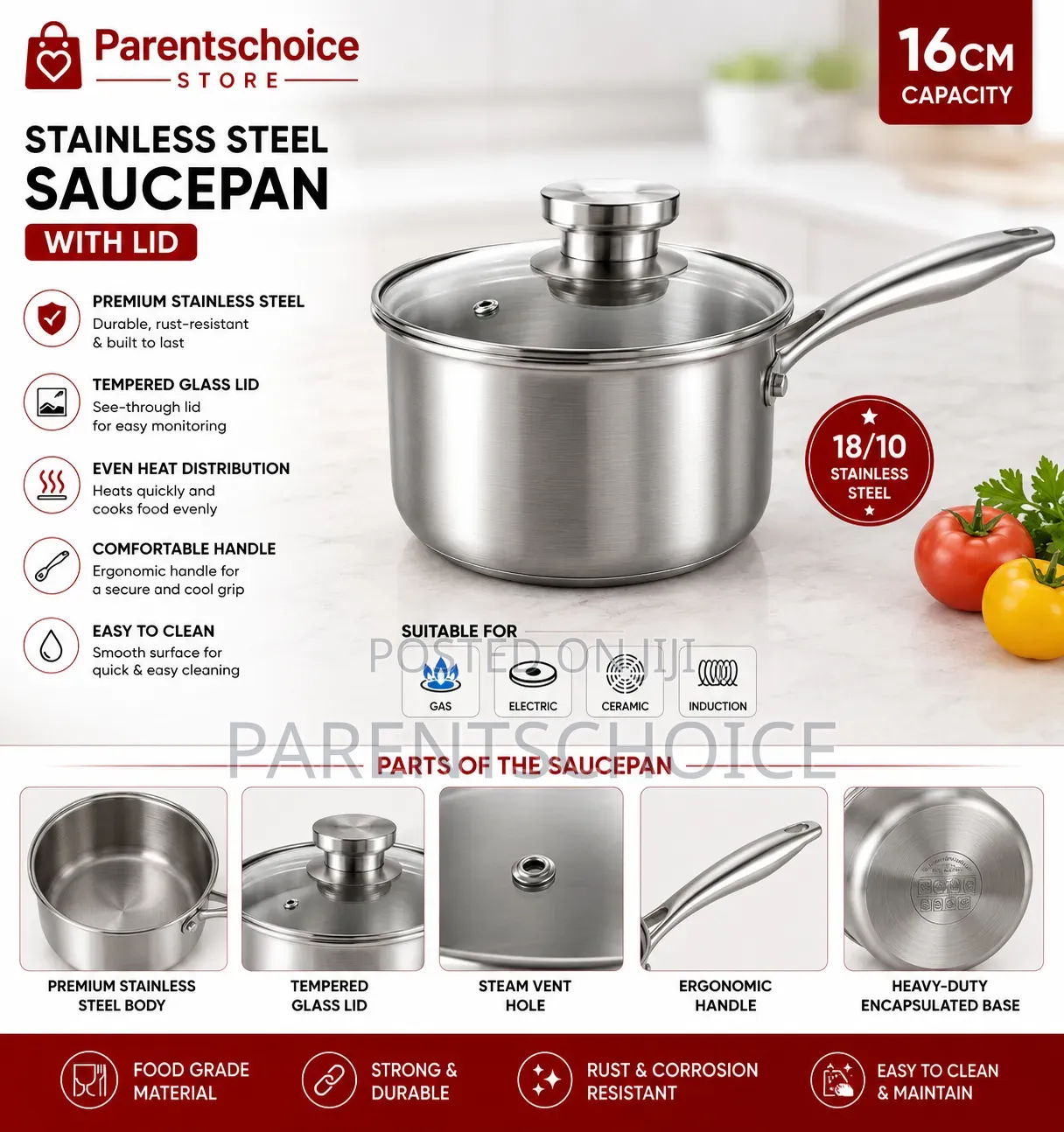 Stainless Steel Saucepan With Glass Lid – 16cm