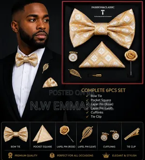 Luxury Gold Bow Tie Set – Cufflinks, Lapel Pins, Poc Square Tie Clip