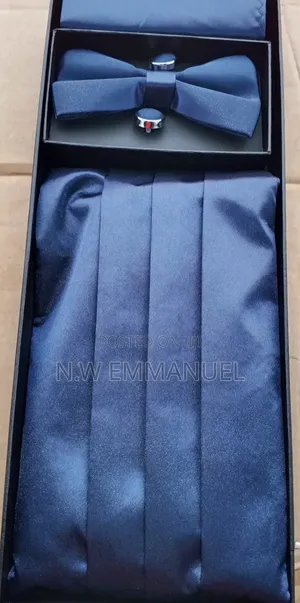 Luxury Cummerbund Set (Bow Tie + Waistband + Cufflinks) – Black, Blue.