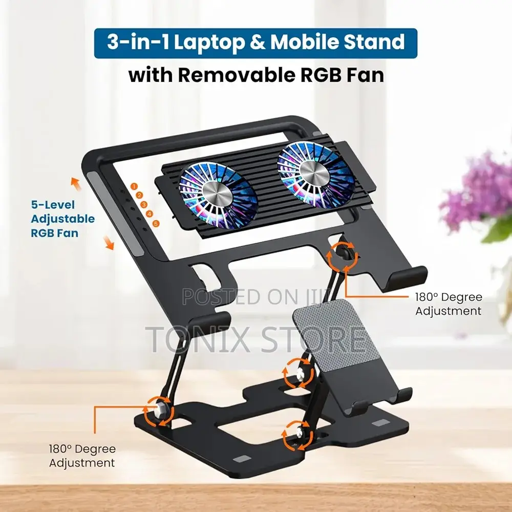 Foldable Laptop Stand With Dual Cooling Fans And Foldable Phone Stands