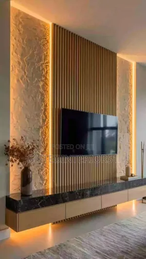 Modern Tv Console With Pu Stones and Wall Cladding