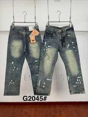 Men's Distressed Paint Splatter Jeans – Washed Blue Streetwear Denim