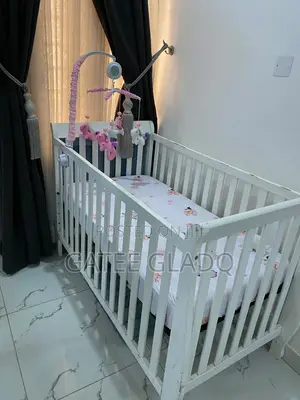 Premium White Wooden Baby Cot + Mattress Musical Mobile Set