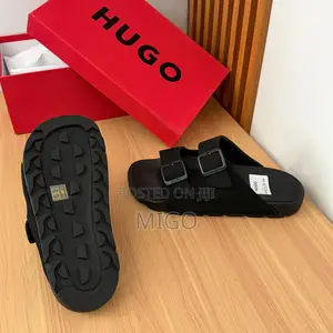 Authentic Hugo Black Suede Leather Slides / Palm