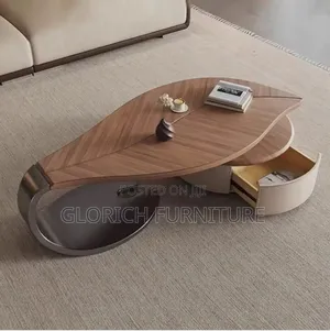 Leaf Shape Center Table –Rotating Walnut Top With Hidden Drawer Tray