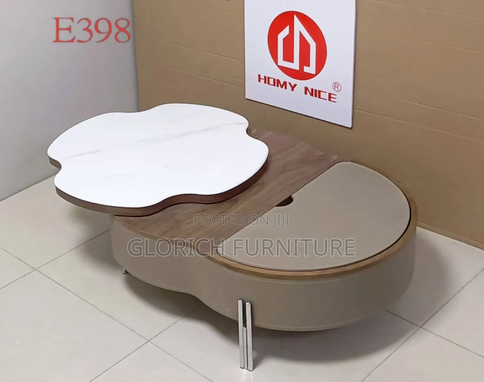 Cloud Shape Rotating Center Table – Marble Top, Walnut Leather Base