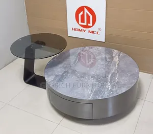 Round Marble Top Center Table Smoked Glass Side Table Set