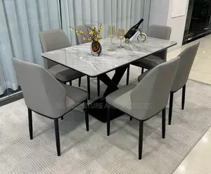 Elegant Modern Dining Set – Marble Top Table + 4 Gray Chairs