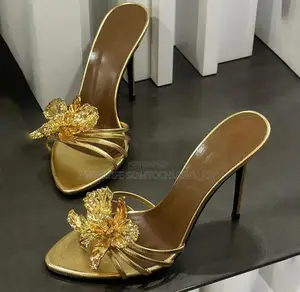 Luxury Metallic Gold Floral Stiletto Mules- Elegant Pointed Toe Sandal