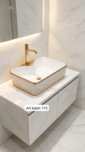 The Luxury White Ceramic Countertop Art Basin With Polished Gold