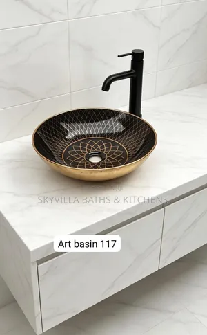 Premium Round Ceramic Tabletop Washbasin | Elegant Black Gold