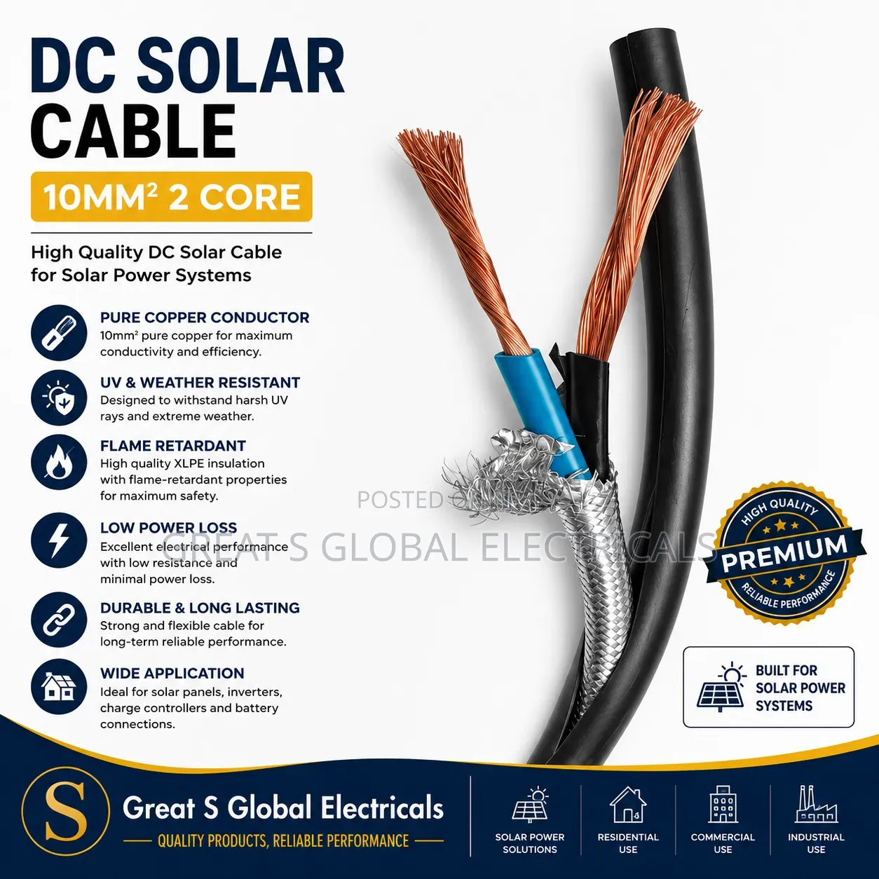 10mm2 2 Core Dc Solar Cable Full Guage Copper