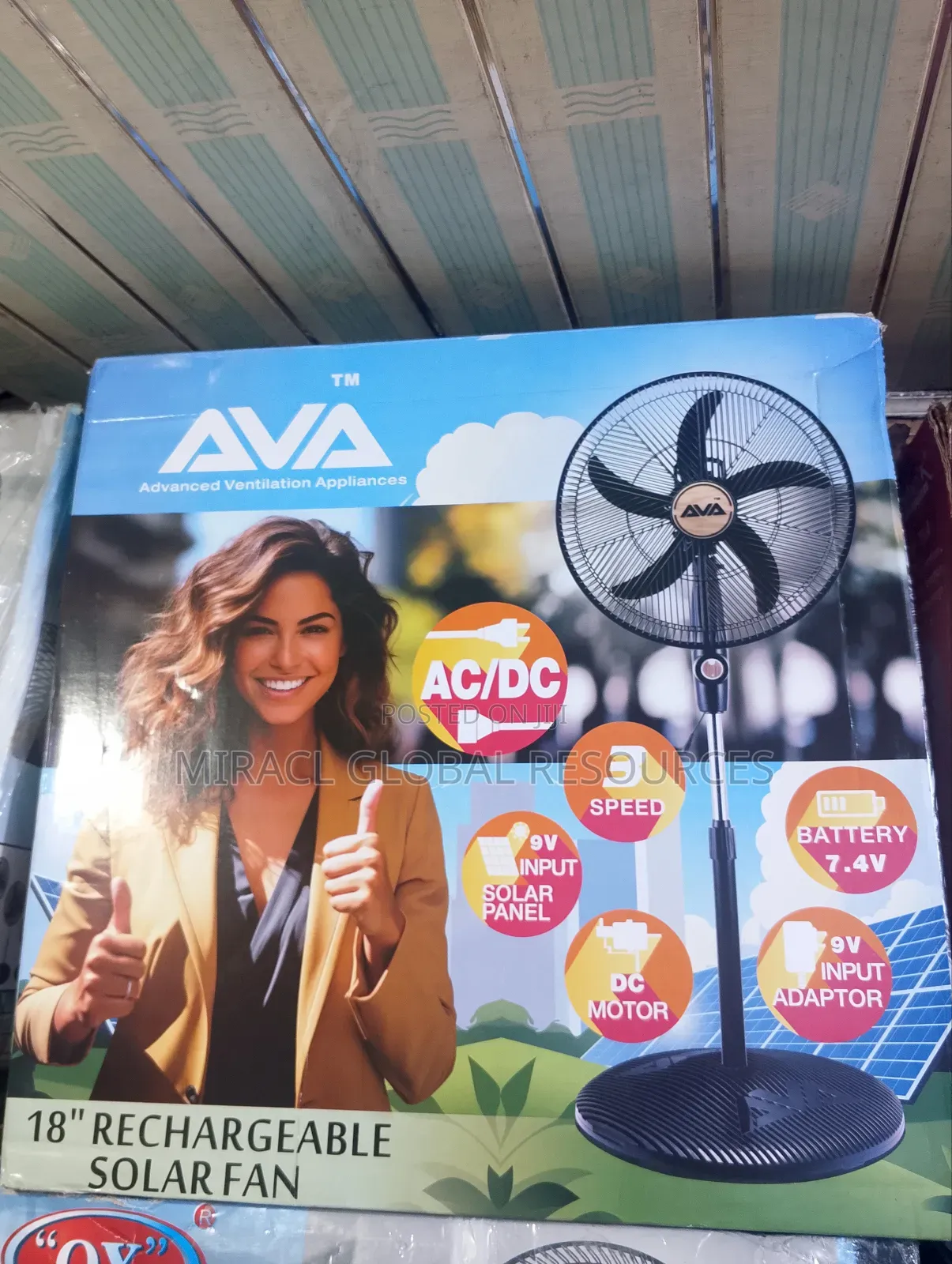 Ava Rechargeable Fan With Solar Panel