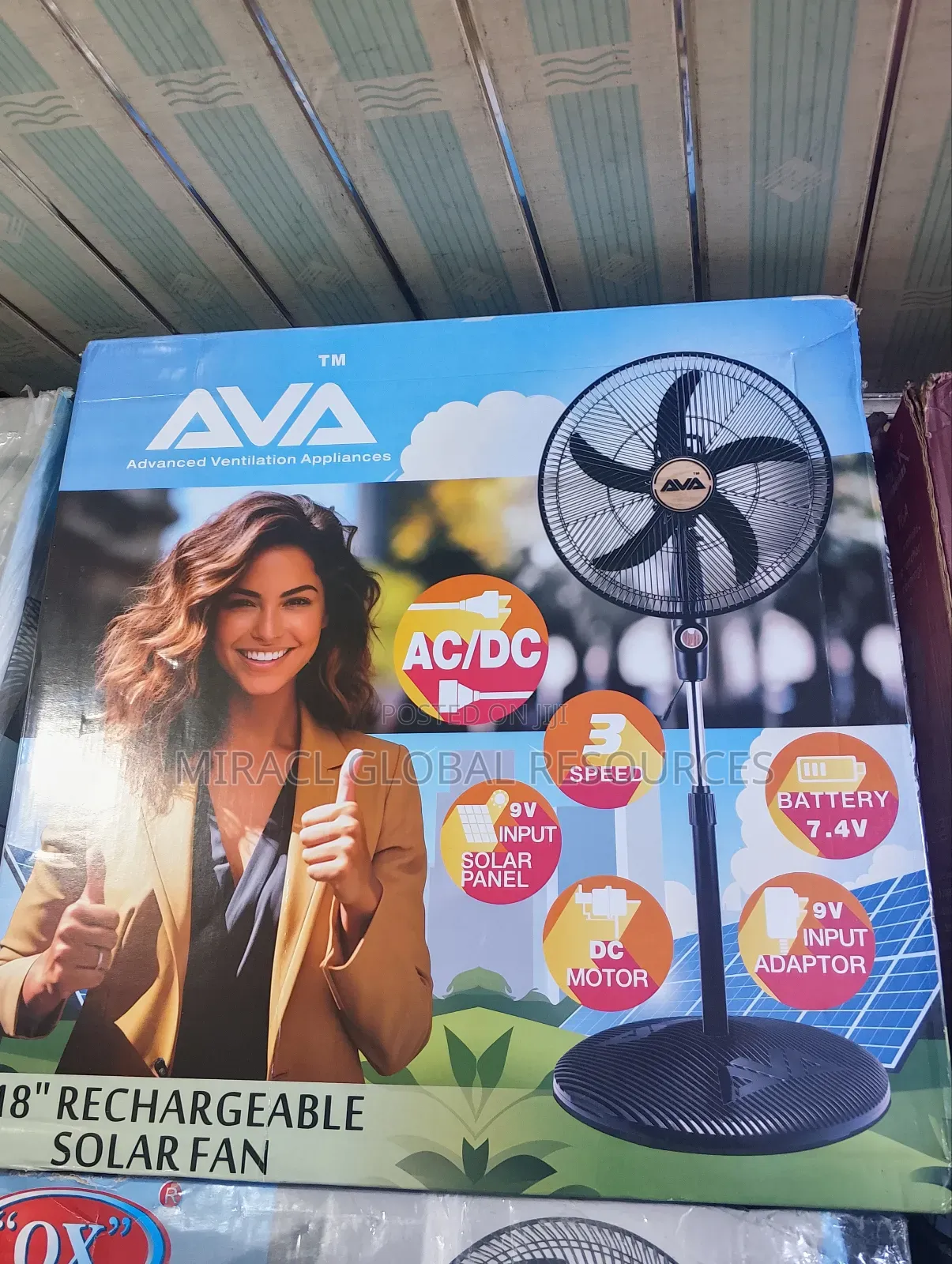 Ava Rechargeable Fan With Solar Panel