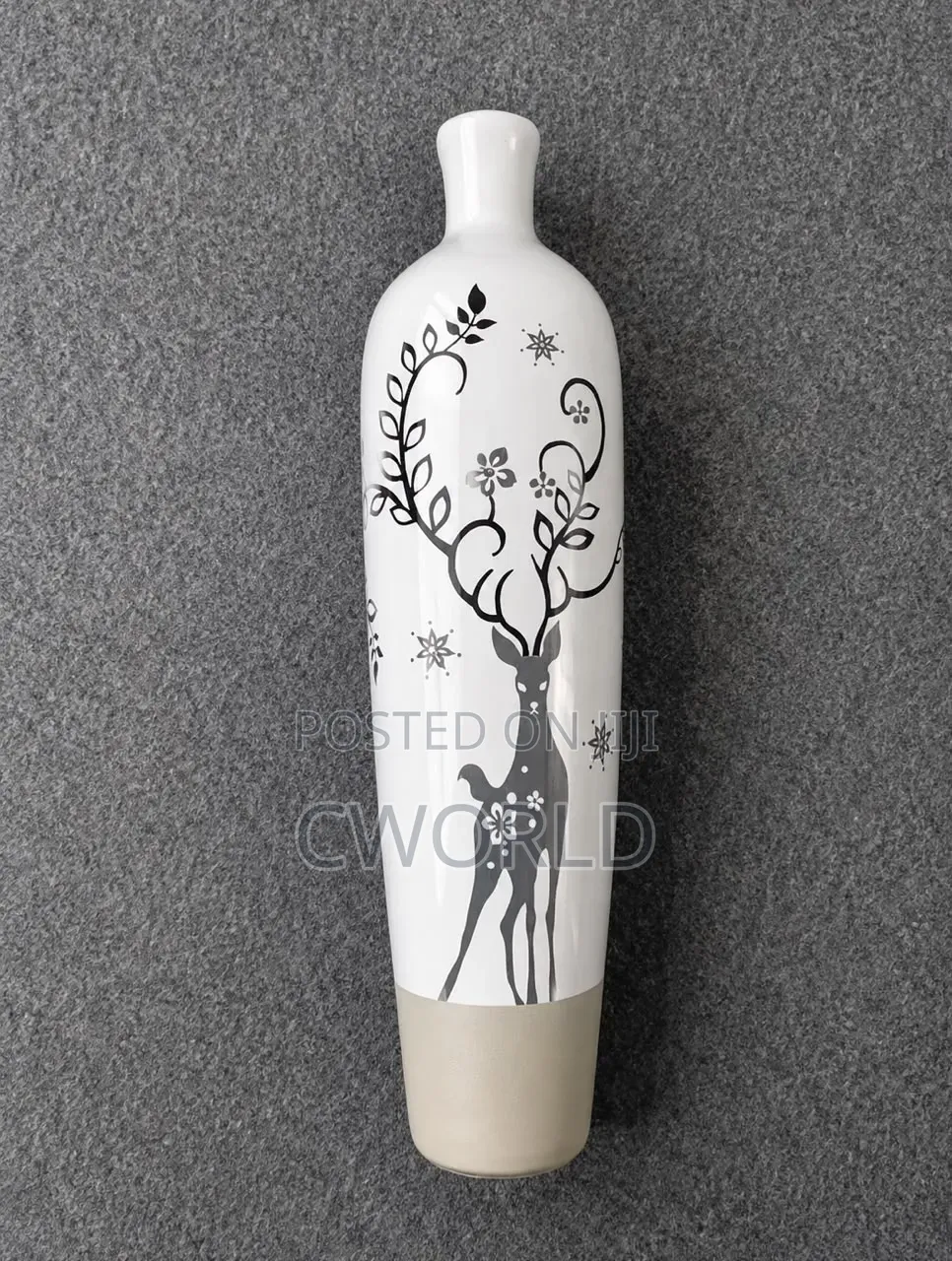 Tall White Ceramic Vase – Woodland Deer