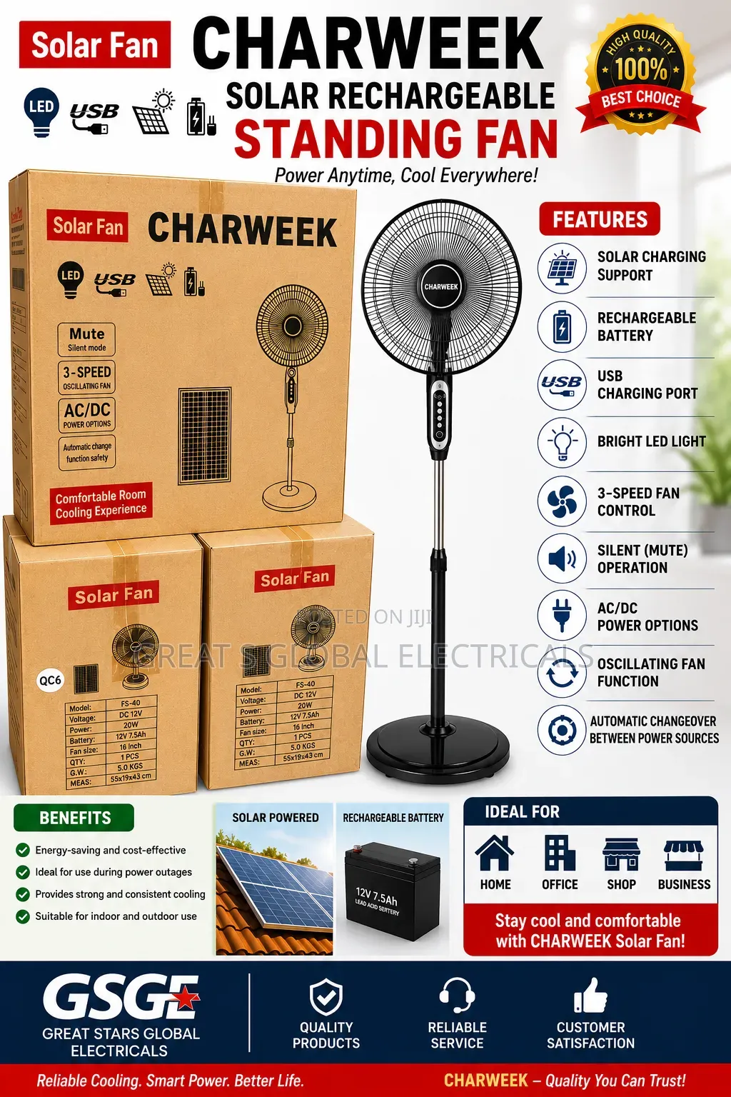 Charweek Solar Rechargeable Standing Fan 18 Inches