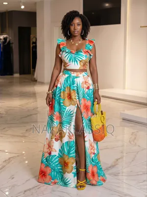 Nazaklassiq Luxury Floral Two-piece Maxi Skirt Crop Top Set
