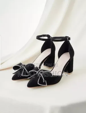 Stunning Black Suede Block Heels With Rhinestone Bow Ankle Strap
