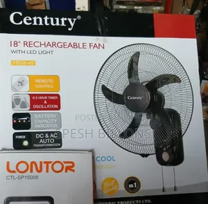 Century 18" 3in1 Rechargeable Wall Fan, Remote, 6pc Led, 21hrs Battery