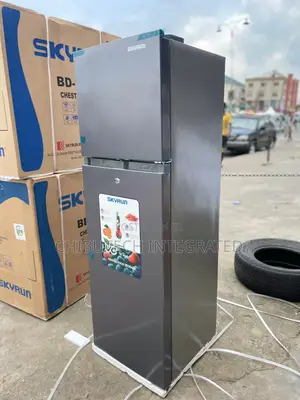 A Brand New Skyrun Double-Door Refrigerator in a Metallic Grey Finish