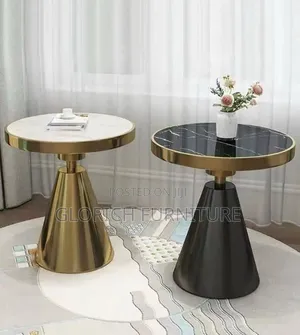 Round Side Table – Marble-Top With Cone Metal Base Gold Trim