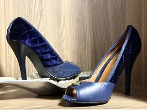 Size 37 Authentic! Vintage Chanel "Cc" Blue Velvet Peep Toes Heels.