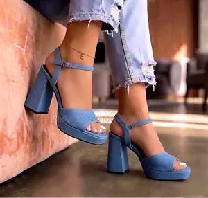 Luxury Denim Platform Block Heels - Trendy Y2k Chunky Strappy Sandals