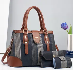 Ladies 3-Piece Striped Handbag Set – Tote Bag, Wallet Pouch