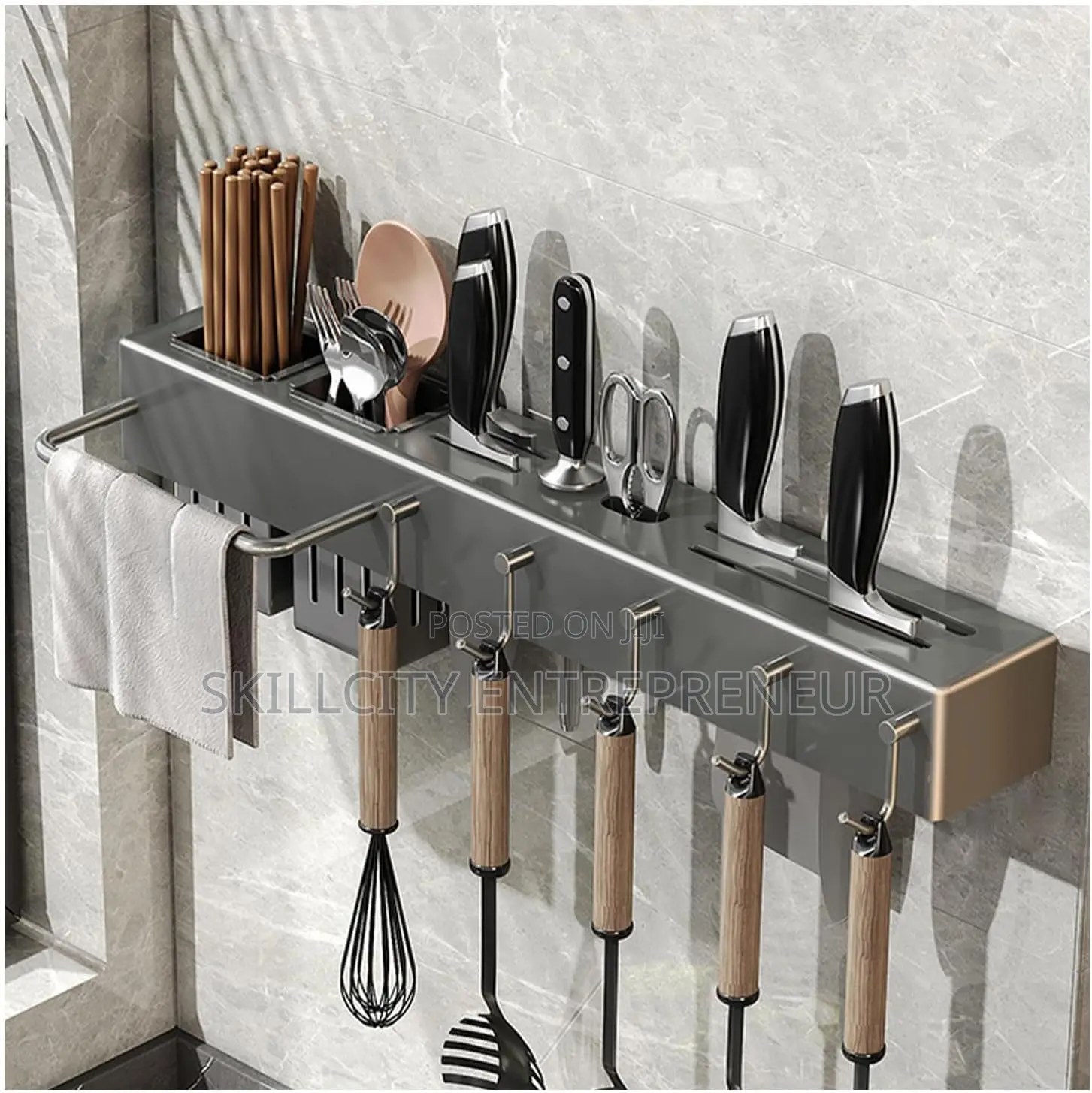 Multifunctional Kitchen Utensil Holder With Hooks Towel Bar