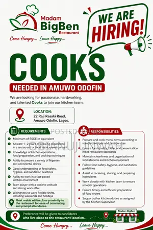 Cooks Needed in Amuwo Odofin