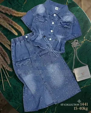 Girls' Luxury Rhinestone Denim Shirt Midi Skirt Set