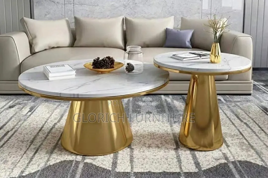 Round Coffee Side Table Set – White Marble Top With Gold Cone Base