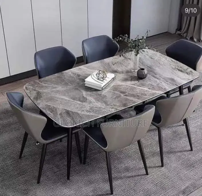 Rectangular Marble-Top Dining Set – 6-Seater With Two-Tone Leatherette