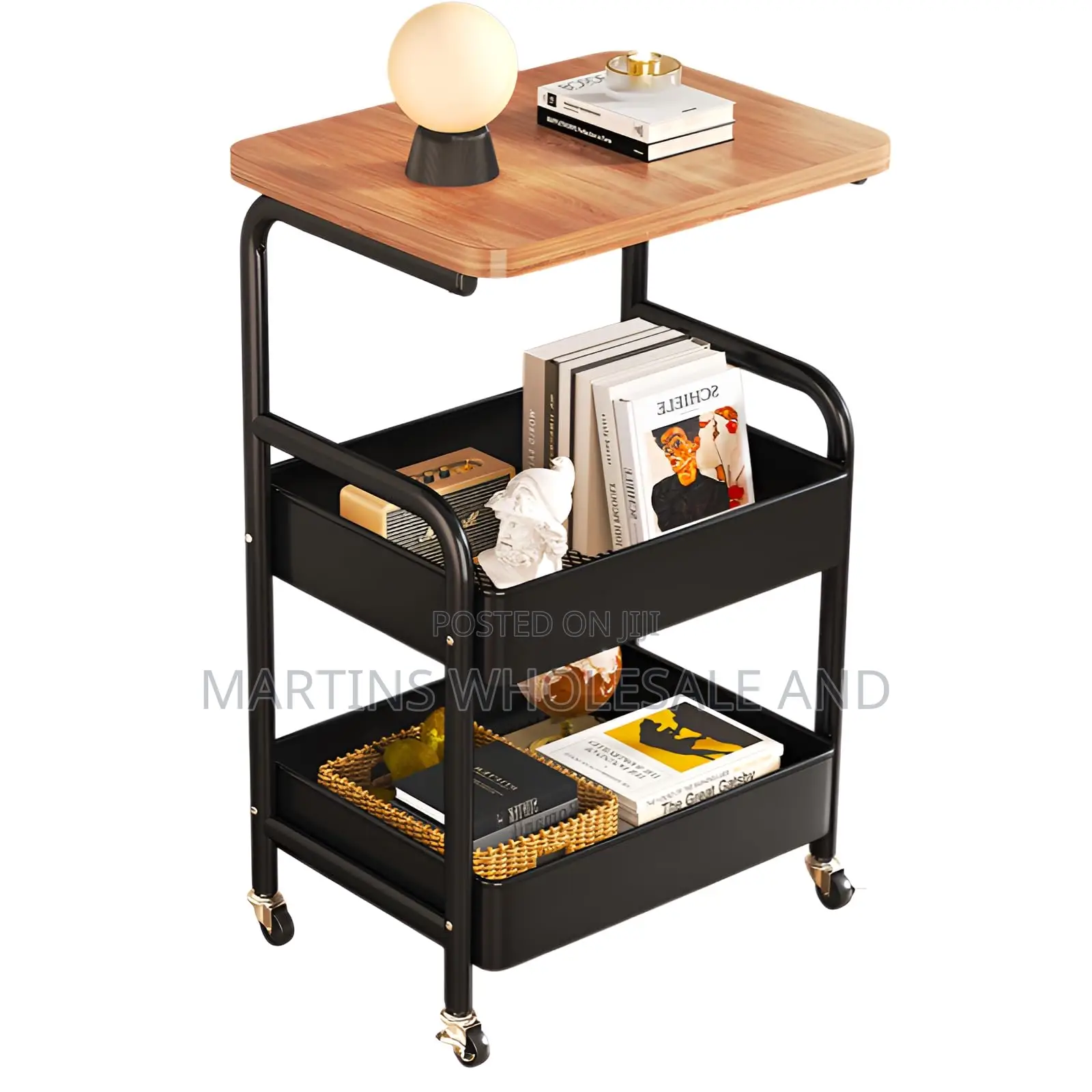 Walnut-Colored Generic Wooden Layers Trolley Features a Black Metal F