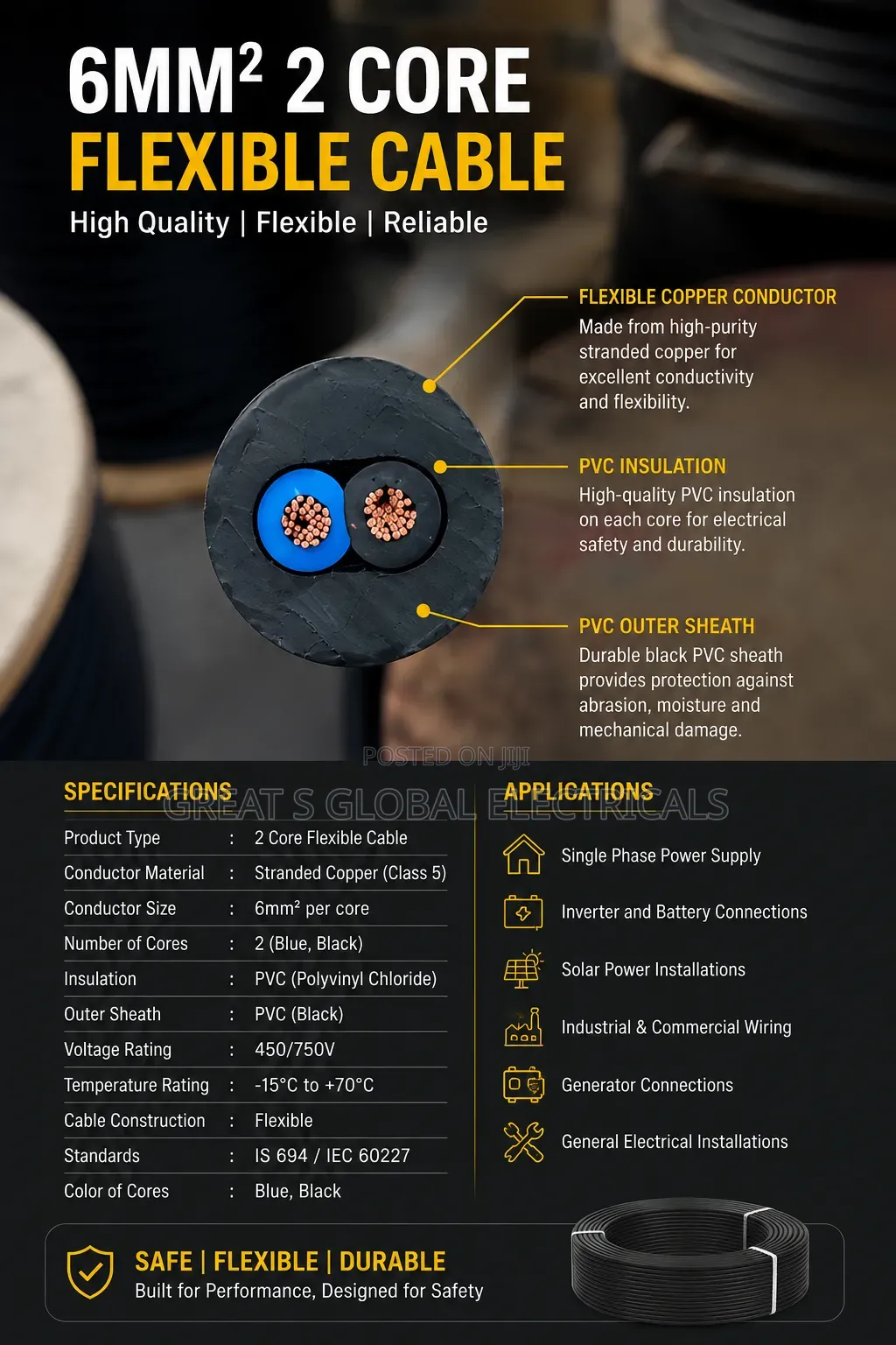 6mm2 2-Core Flexible Copper Cable
