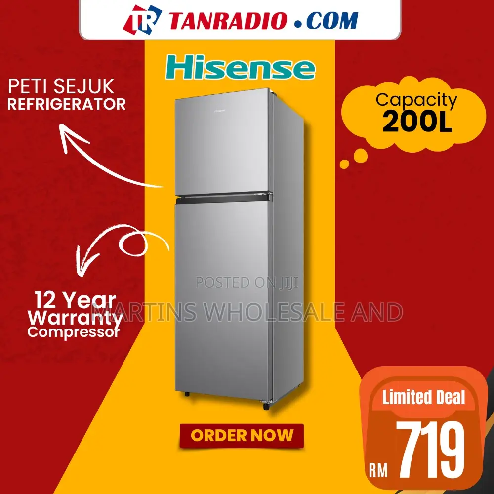 Hisense Ref 200 Dr Double Door Refrigerator With a Silver Finish.