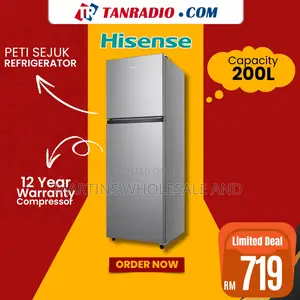 Hisense Ref 200 Dr Double Door Refrigerator With a Silver Finish.