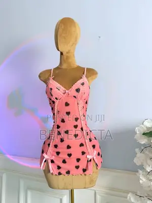 Vintage-Style Pink Black Heart Print Lace Trim Babydoll Slip Dress