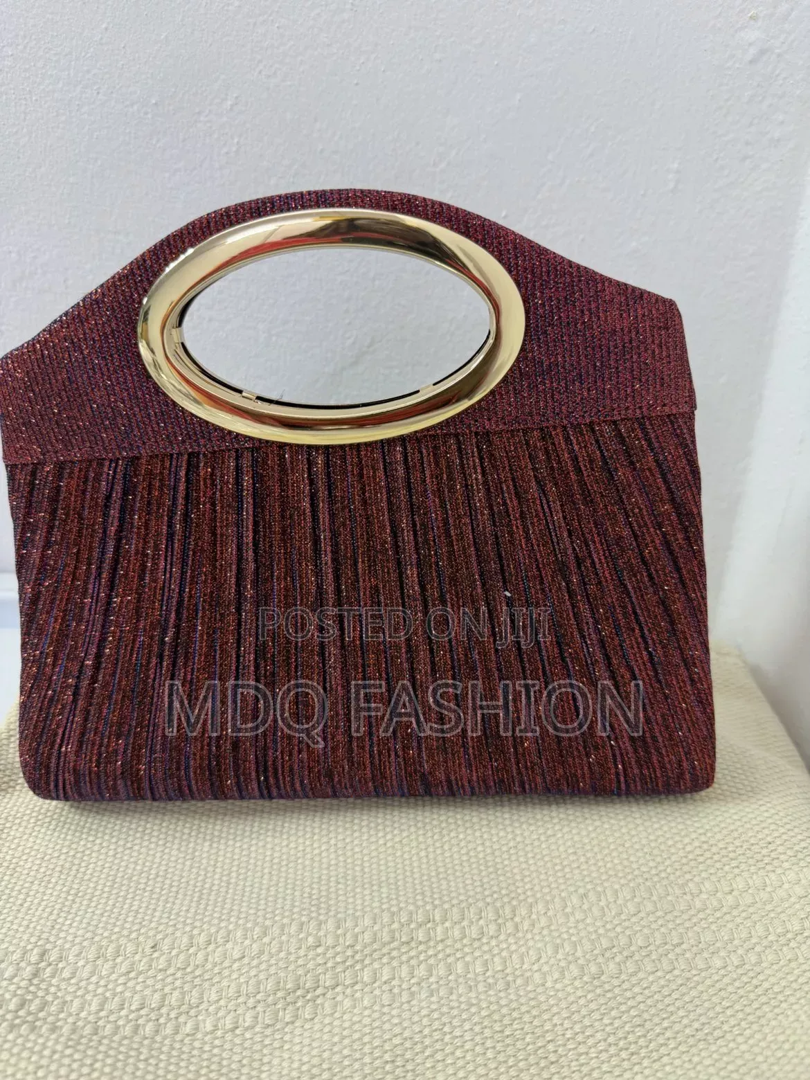 Pleated Burgundy Wine Shimmer Clutch With Gold Oval Handle