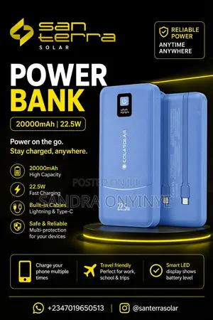 Cola Solar 20,000mah Fast Charging Power Bank With Built-in Cables