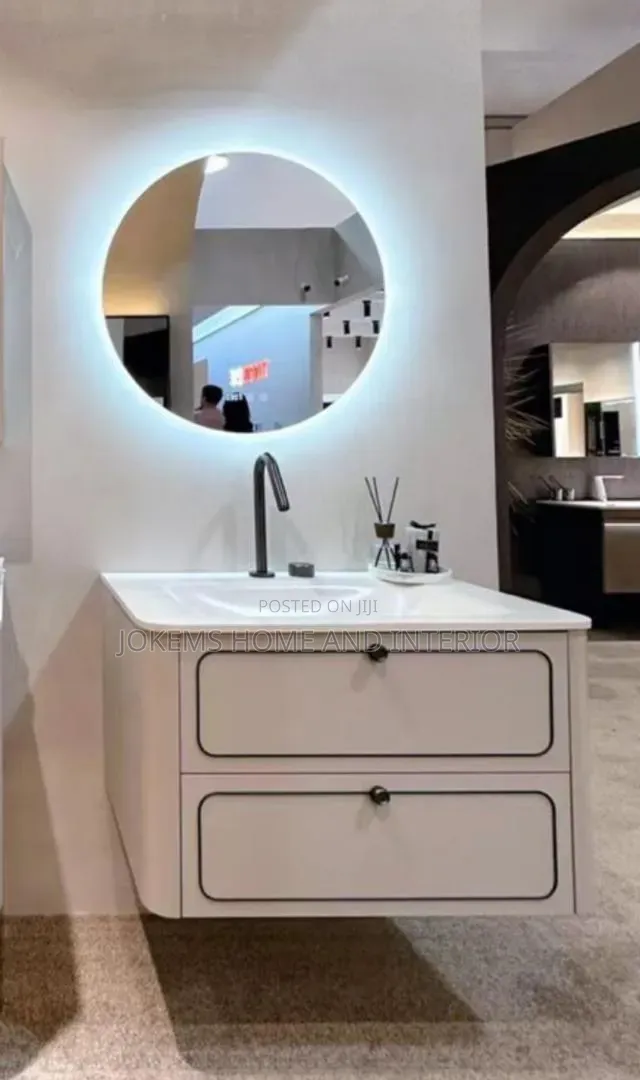 Modern Floating Bathroom Vanity With Led Round Mirror