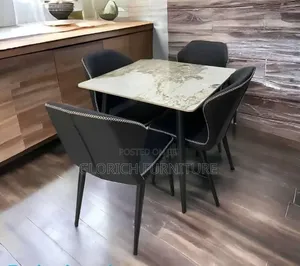 Square Marble-Top Dining Set–4seater With Black Contrast-Stitch Chairs