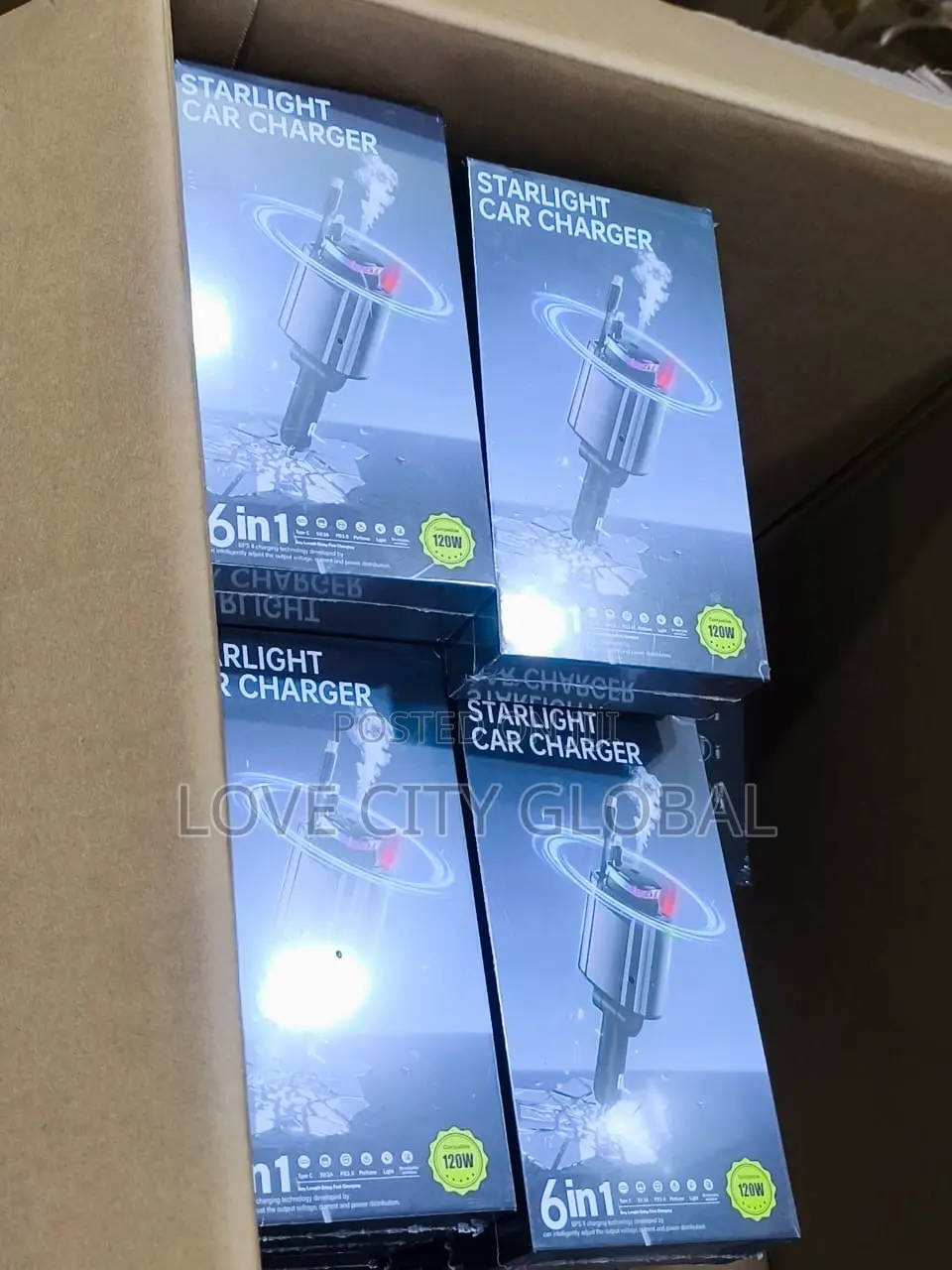Starlight Car Charger 6in1 120w Retractable Typec Lightnin Diffuser.