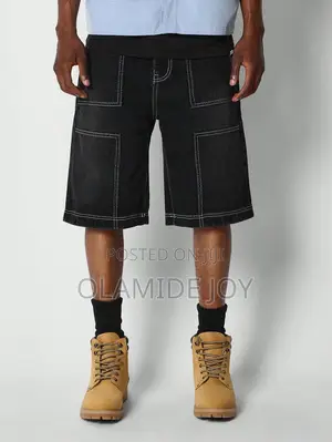 Unisex Black Jorts With White Stitches