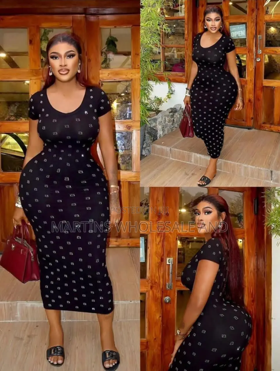 Black Bodycon Gown Featuring a Repetitive Silver Pattern and a Classic