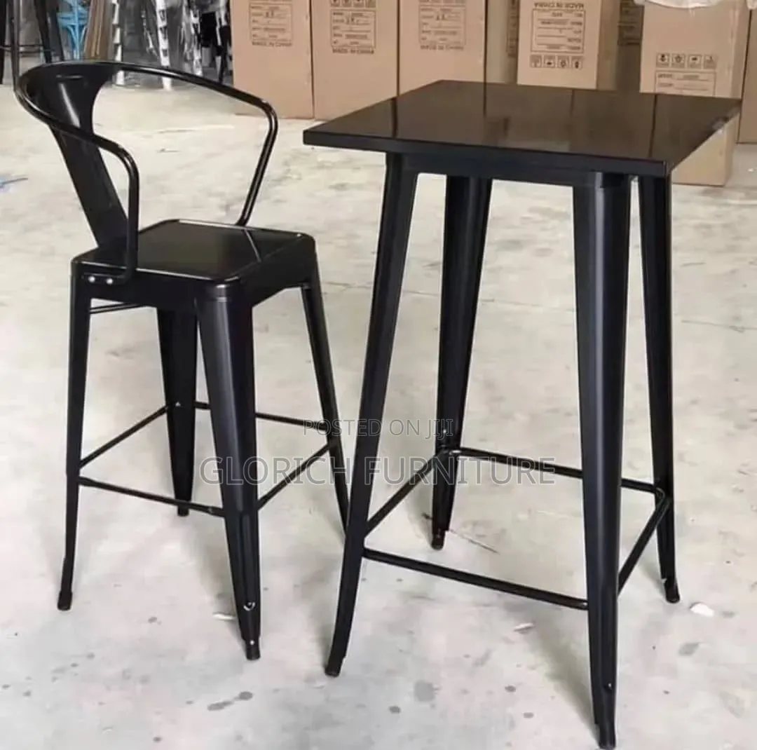 All-Black Industrial Bar Table Stool Set – Metal Frame