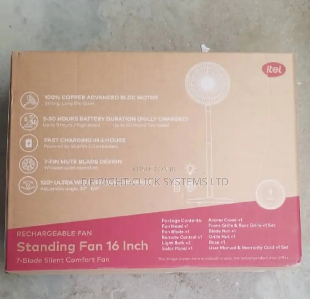 Itel Ac/Dc Rechargeable Solar Standing Fan With Panel + 2 Bulbs