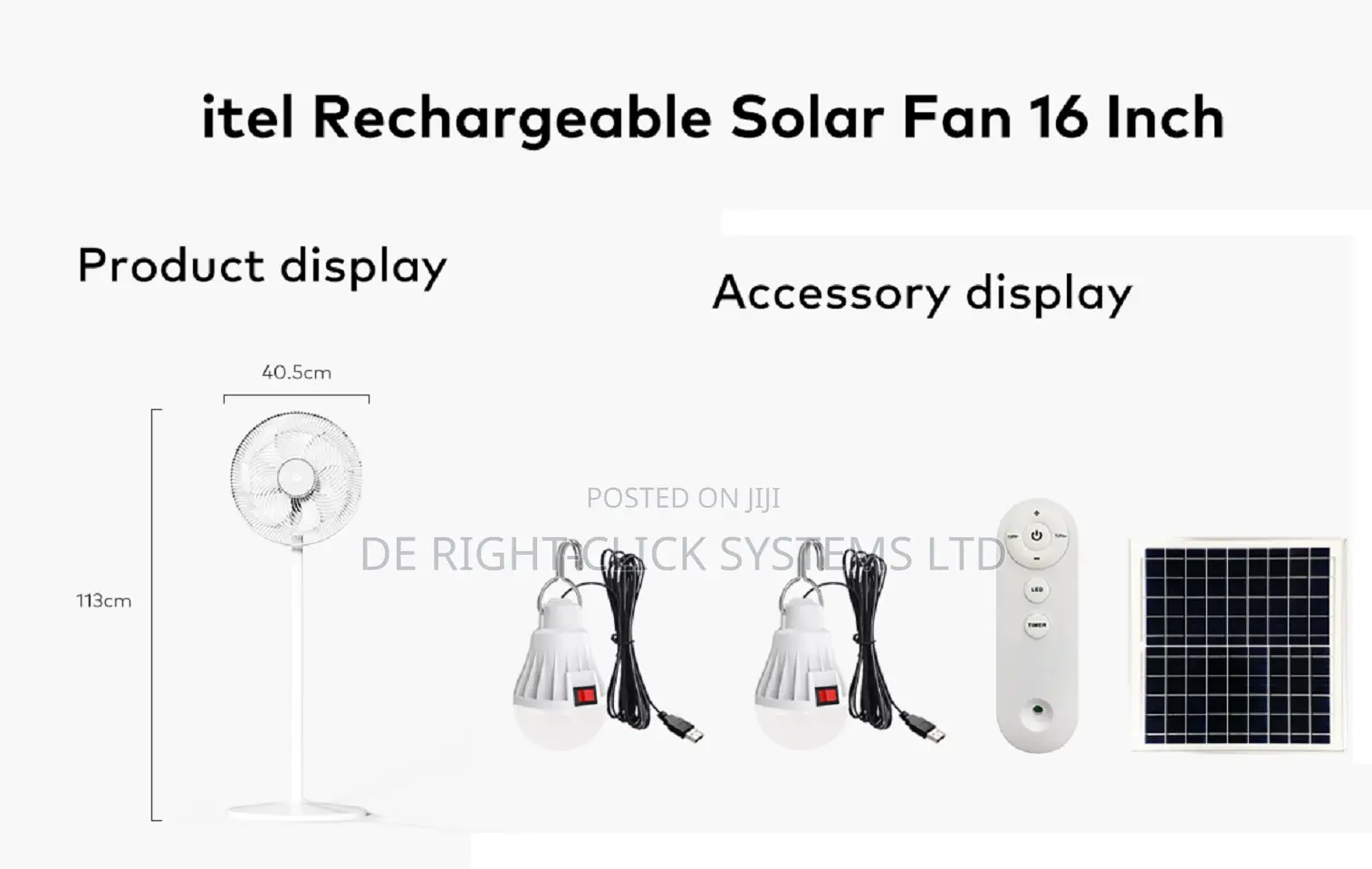 Itel Ac/Dc Rechargeable Solar Standing Fan With Panel + 2 Bulbs